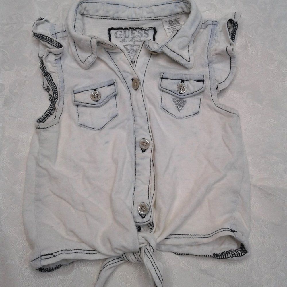 Guess Toddler Girl Ruffle Sleeve Button Up Top Cotton Blue Tie Embellished 24M